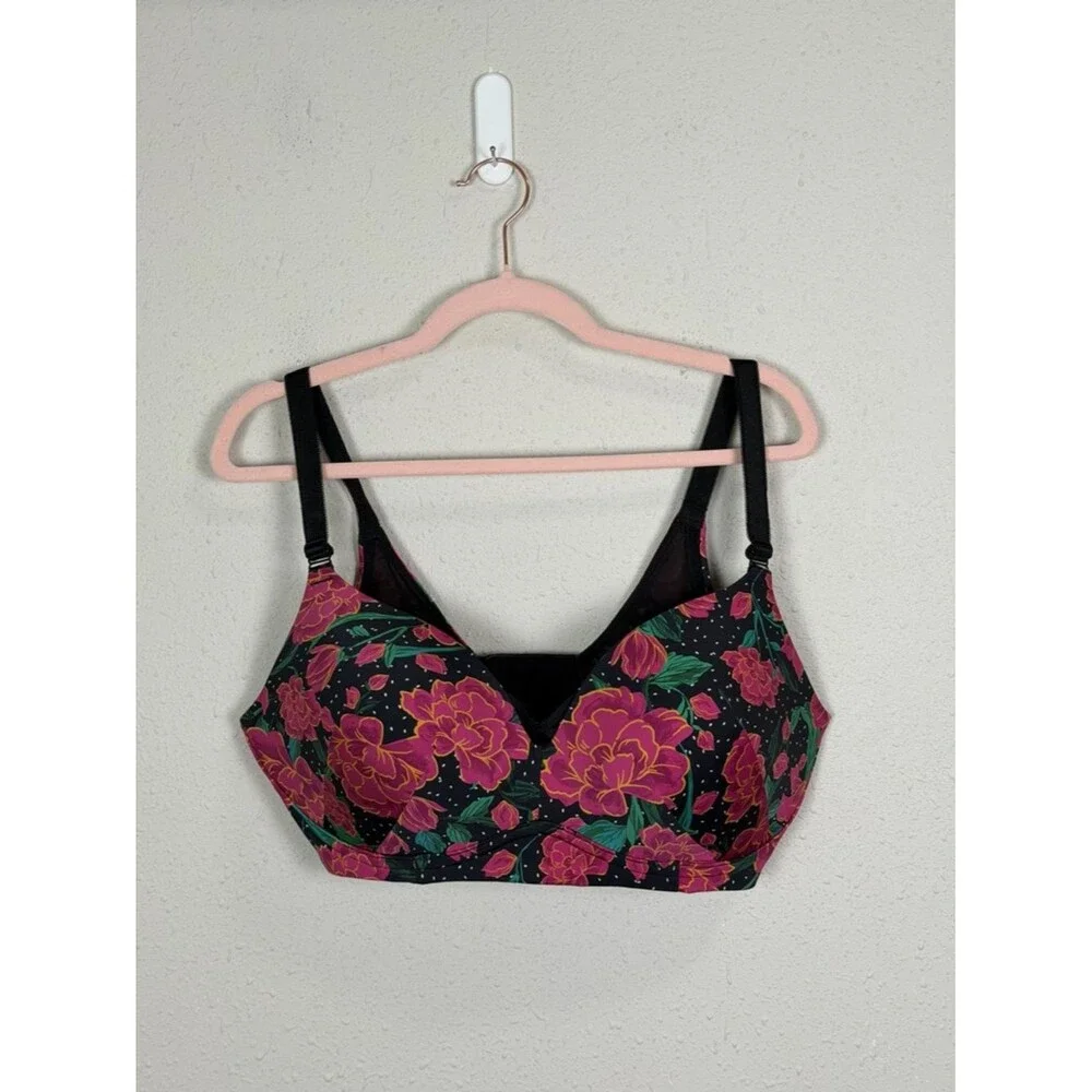 Torrid 40DDD Floral T-Shirt Bra Black Pink Full Coverage Underwire Plus Size
